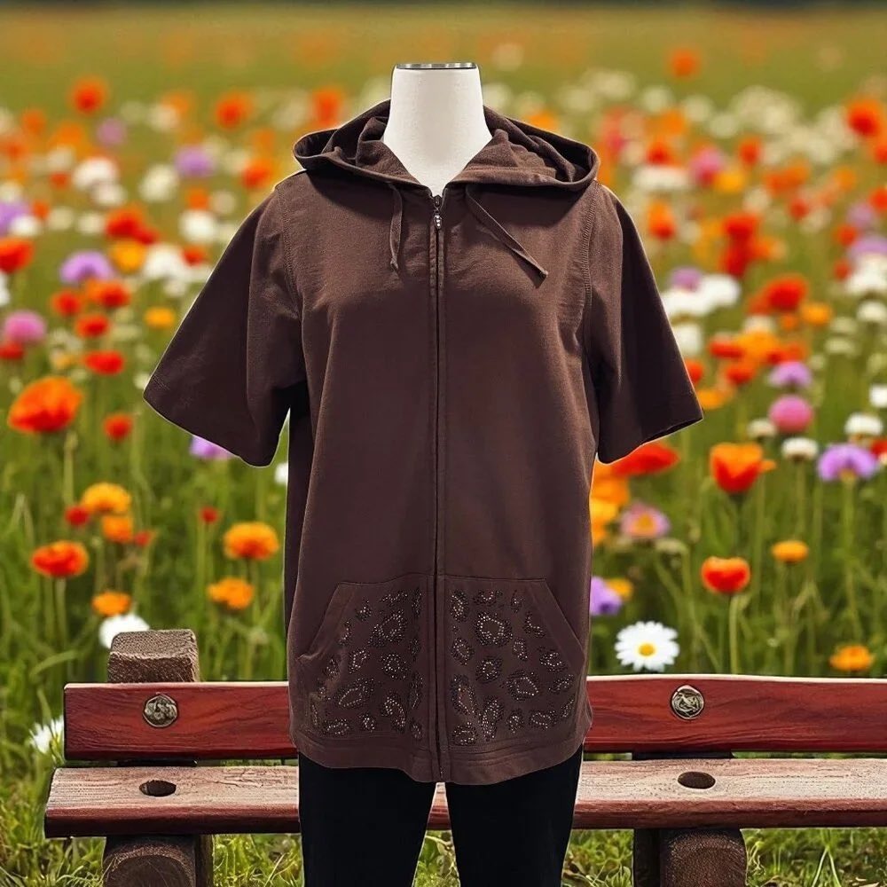 Quacker Factory Brown Rhinestone Leopard Print Zip Hoodie Jacket Women L Y2K